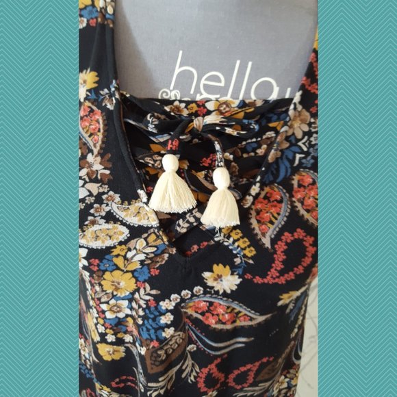 Four Threads Black Floral Print A-Line Dress w/ Tassels - Picture 2 of 6